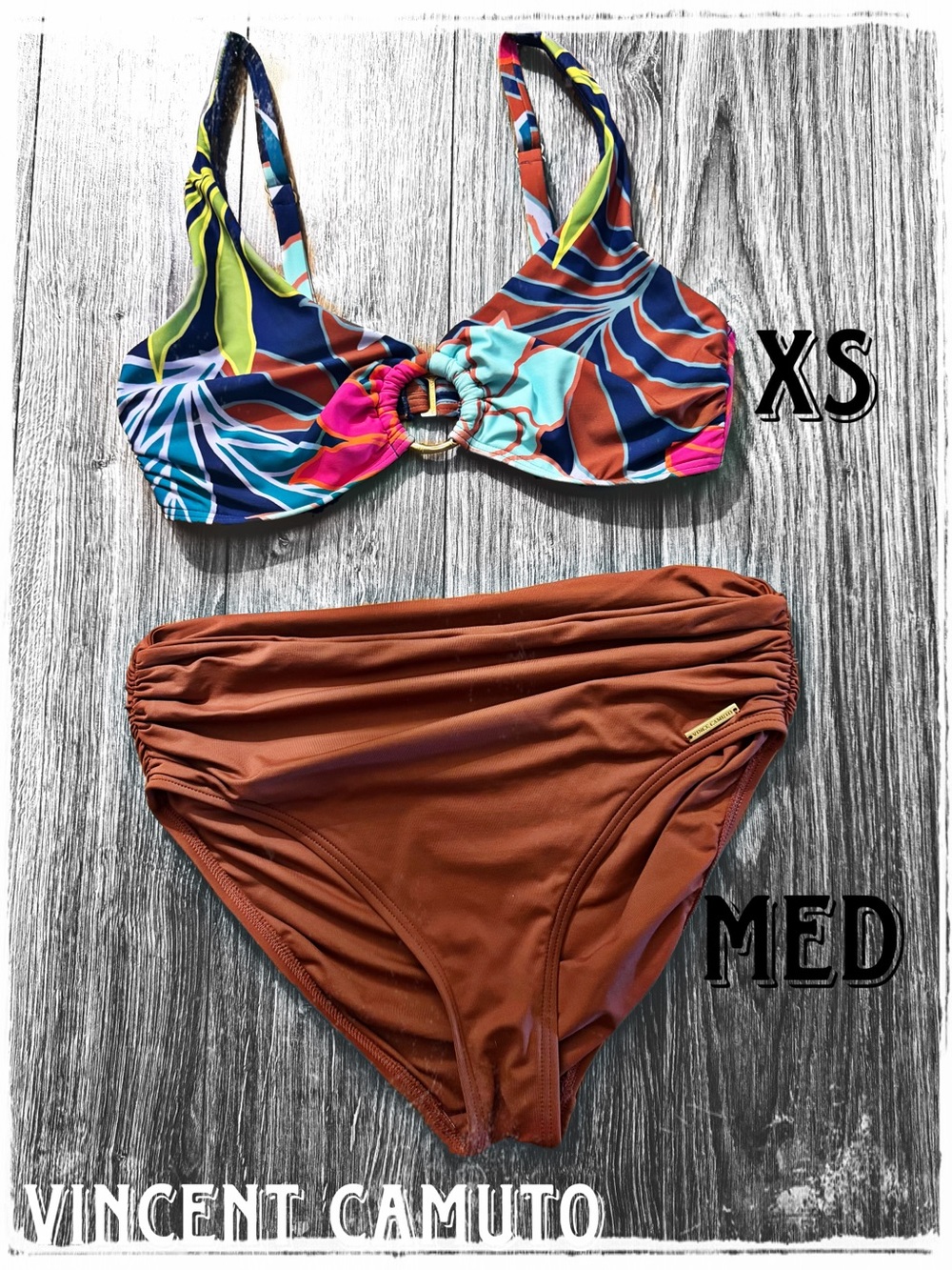 Vince Camuto Multicolor Floral Print Bikini Top & OrangeBrown High Waist Bottoms